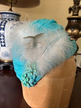 Vintage Turquoise Feather Trim Hat with Crystal Floral Accent